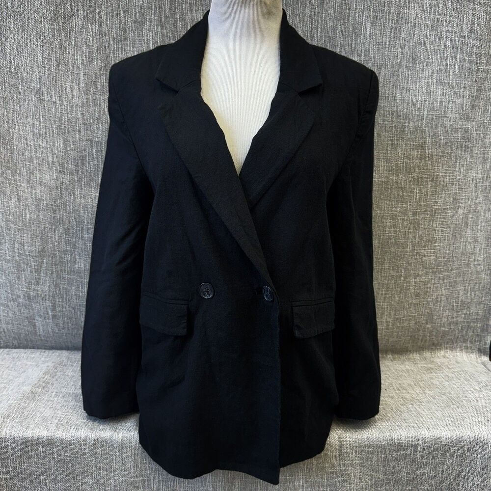 Old Navy Linen Blazer Womens Size XS Black Double-Breasted Oversized Blazer New